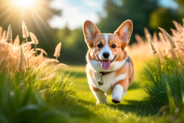 Happy welsh corgi breed dog running over a green meadow.