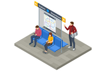 Isometric subway station Platform. metro or subway map. Underground way. Fictional metro map. Subway station platform. High speed train.