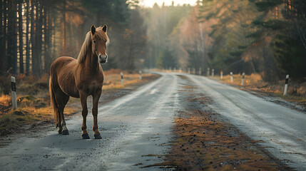 Horse standing on the road near forest at early morning or evening time - obrazy, fototapety, plakaty