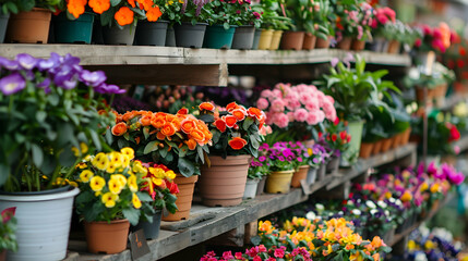 Many colorful blooming flowers in pots are displayed on shelves in floristic stores or at street markets Spring planting - obrazy, fototapety, plakaty