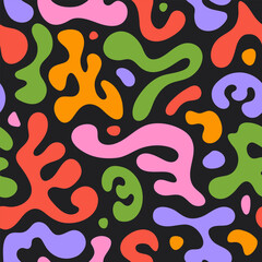 Abstract seamless pattern with liquid organic shapes. Colorful wavy bubbles and drops in trendy y2k style. Vector illustration	