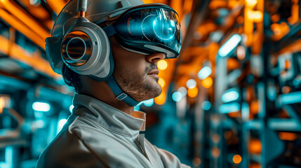 Industrial Worker with VR Headset Monitoring Automated Systems in a Manufacturing Unit
 - obrazy, fototapety, plakaty
