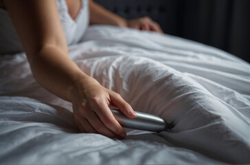 Woman in bed under sheets holding vibrator in hand