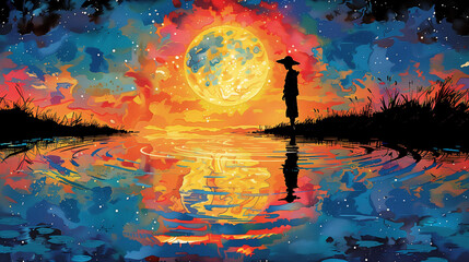Silhouette of a person under a vibrant moonlit sky with reflection on water, evoking tranquility and contemplation.