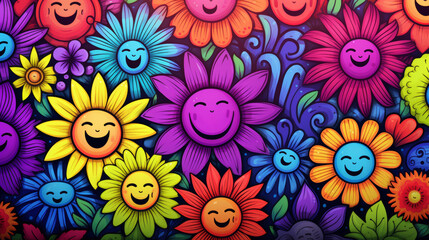 Fototapeta na wymiar Hand drawn doodle wallpaper with sun, rainbow, flowers vibrant summer concept pattern background