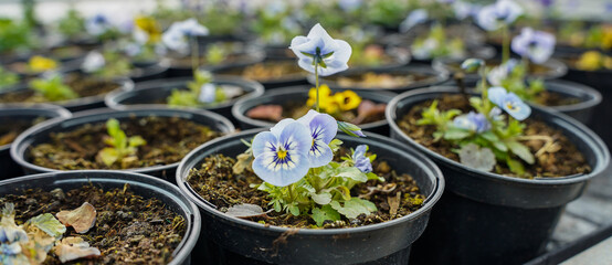Growing flowers in greenhouse. Colorful blooming flowers in pots.