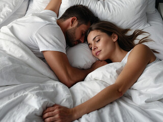 Young beautiful and loving couple wake up while lying