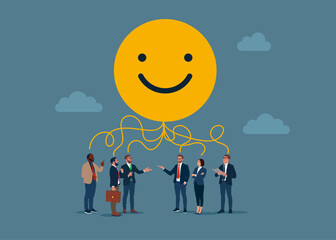 Positive business people are worth under smiling face symbol think plan. Work motivation. Employee happiness, job satisfaction, company benefit, positive attitude. Flat vector illustration - obrazy, fototapety, plakaty