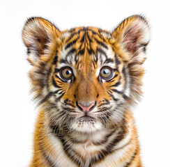 Close up of a cute tiger cub isolated on a white background, concept for wild life preservation, shallow depth of field