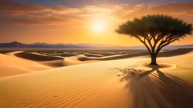 A tree in the desert at sunset. Seamless looping time-lapse 4k video animation background