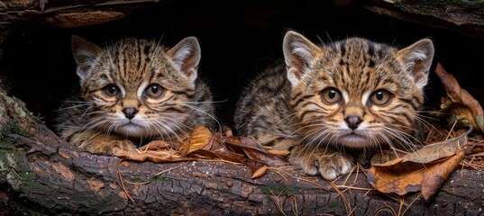 Male geoffroy s cat and kitten portrait with space for text, object on right side
