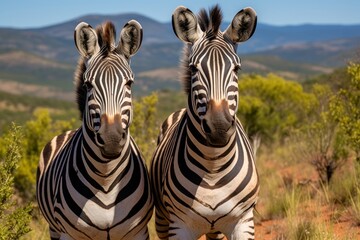 Zebras exhibiting bold striped patterns in the african wilderness, showcasing their natural habitat - obrazy, fototapety, plakaty