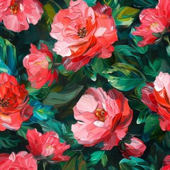 Vibrant red roses painting on dark background with lush green leaves, creating a striking and elegant floral composition