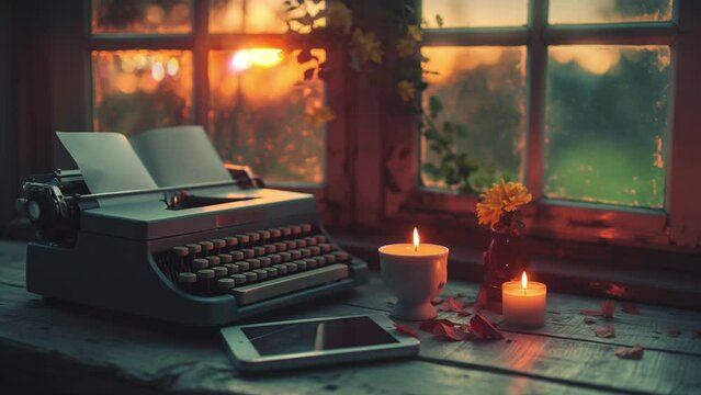 old retro typewriter on a wooden table with candle animation seamless looping video 4k