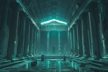 Fototapeta premium Ancient Building with Pillars and Green Lighting Filtering through the Ceiling in a Dazzling Display