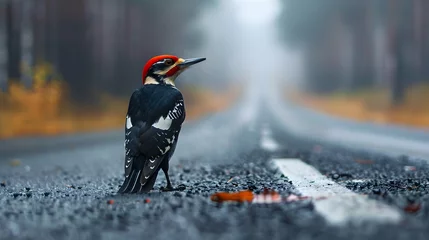 Glasschilderij Atlantische weg Woodpecker standing on the road near forest at early morning or evening time