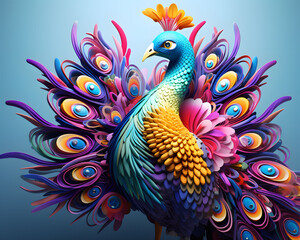 3d elegant peacock illlustration in pastel clay color