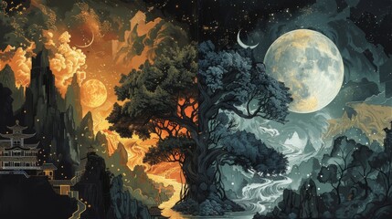 A breathtaking fantasy landscape featuring a contrast of fiery and cool celestial elements, invoking a sense of cosmic balance and mysticism.