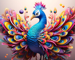 3d elegant peacock illlustration in pastel clay color