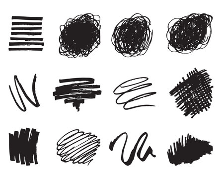Marker line, ink symbols,  hand drawn black color elements. Realistic Rough Black Marker Brush Ink Line Stroke Set Isolated Collection. Grunge Paper Texture. Swift crossed and wavy underlines