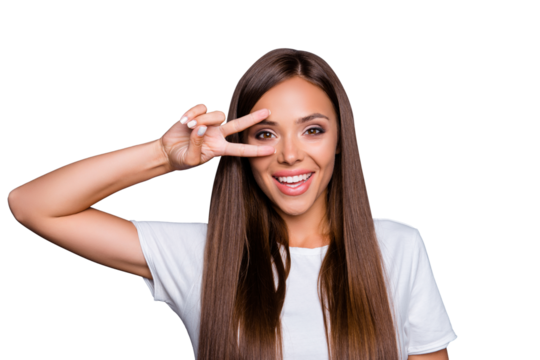 Photo of pretty lady make v sign on summer walk isolated gray color background