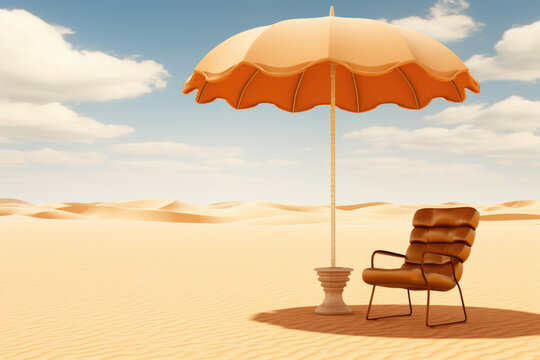 Beach scene with large orange umbrella and brown chair