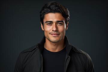 Obraz premium Man with black jacket and black shirt is smiling