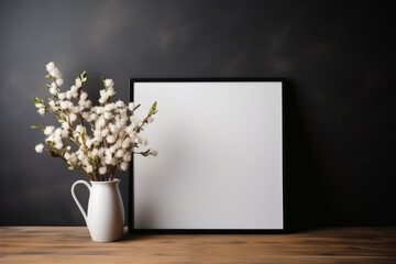 White vase with flowers sits on wooden table next to black frame