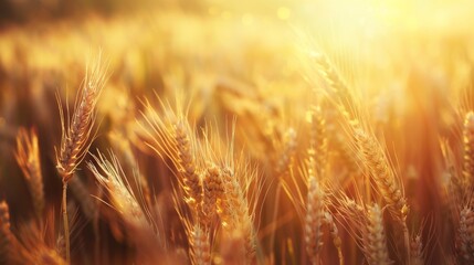 Field of ripe wheat in sunlight, organic farming concept.