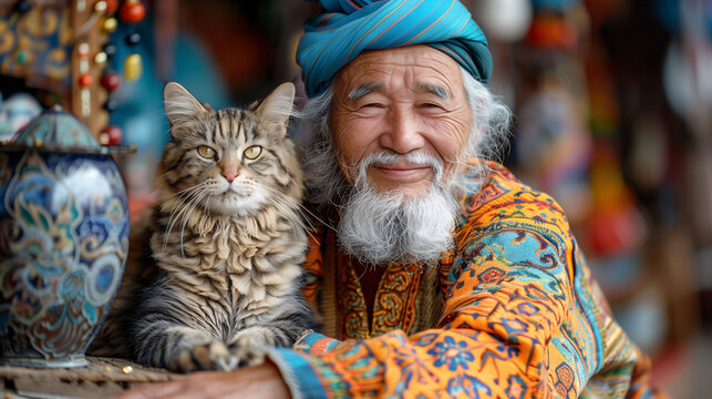 Elderly man in colorful traditional attire smiling with a tabby cat, showcasing cultural diversity and companionship.
