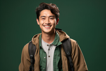 Young man wearing brown jacket and green shirt is smiling