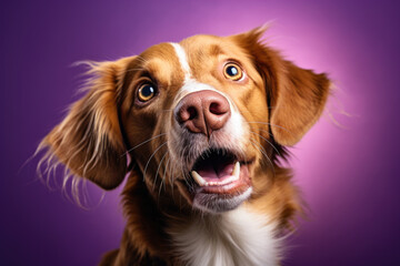 Brown and white dog with pink nose and blue eyes is looking at camera