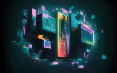 abstract illustration of geometric shapes and structures in colourful neon colours and lights in cyberspace against dark background