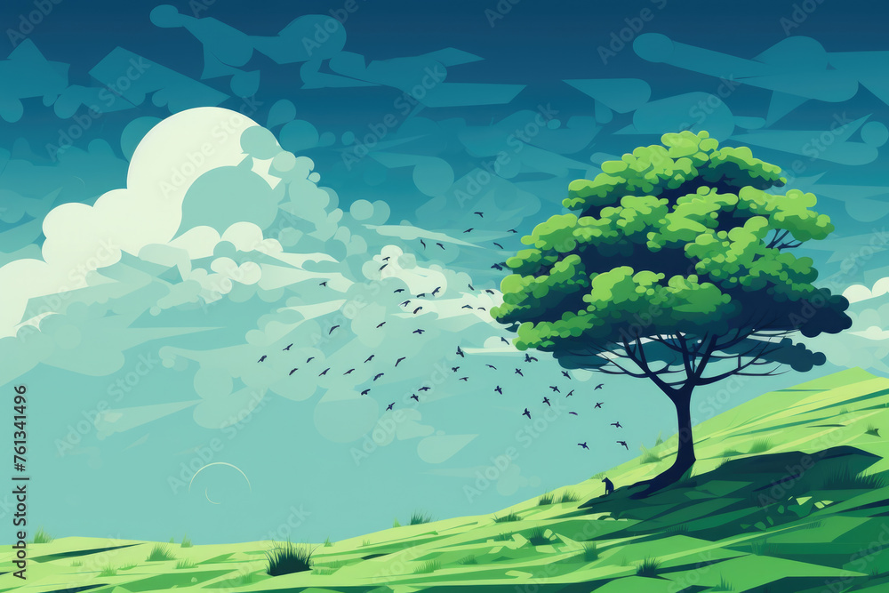 Poster tree is in foreground of field with blue sky in background