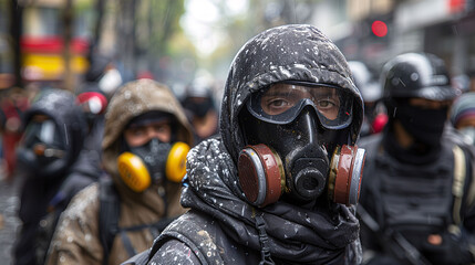 Group of people in protective gear with gas masks amidst a wet urban setting, suggesting a protest or emergency situation.
