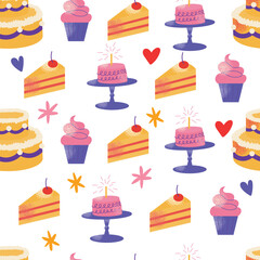 Seamless pattern various festive elements for a birthday party. Simple and cute celebration items for design. Cake, present, bouquet, balloon. Vector hand drawn illustration isolated on background