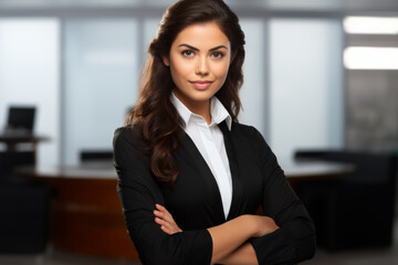 Woman in business suit is standing in front of table with her arms crossed