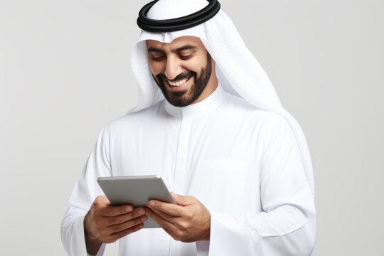 Man wearing white robe and turban is smiling while holding tablet