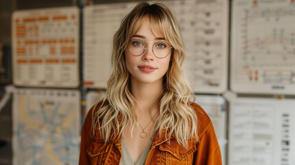 Portrait of a young woman with glasses, wearing an orange jacket, standing in front of a wall with schedules or charts.