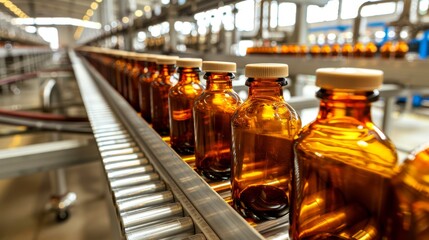 Automated pharmaceutical production line with glass bottles on conveyor in manufacturing facility