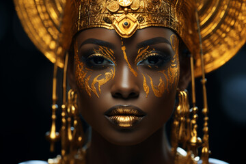Woman with gold face paint and gold headdress