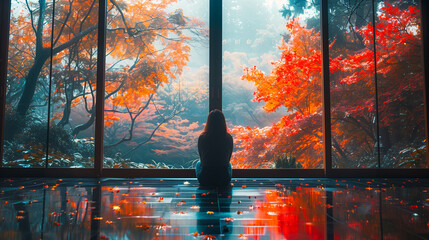 Solitary person contemplating autumn scenery through large windows, vibrant fall foliage in background.
