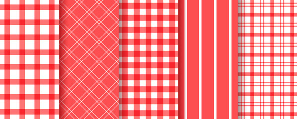 Table cloth pattern. Checkered plaid seamless texture. Gingham buffalo red tablecloth. Geometric vichy background. Set retro tartan textile prints. Picnic kitchen backdrop. Vector illustration.