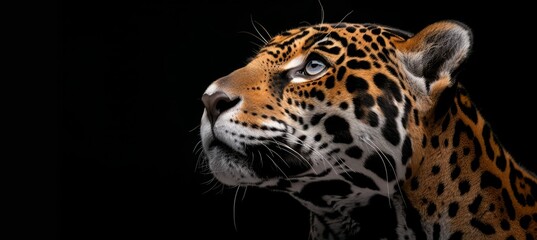 Male jaguar and cub portrait with space for text, featuring object on right side