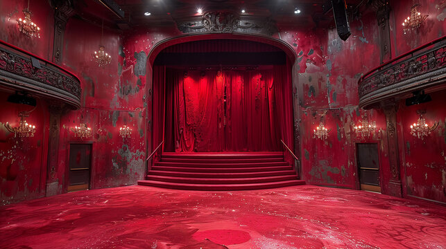 Luxurious red theater interior with elegant velvet curtains, ornate walls, and grand staircase leading to the stage.