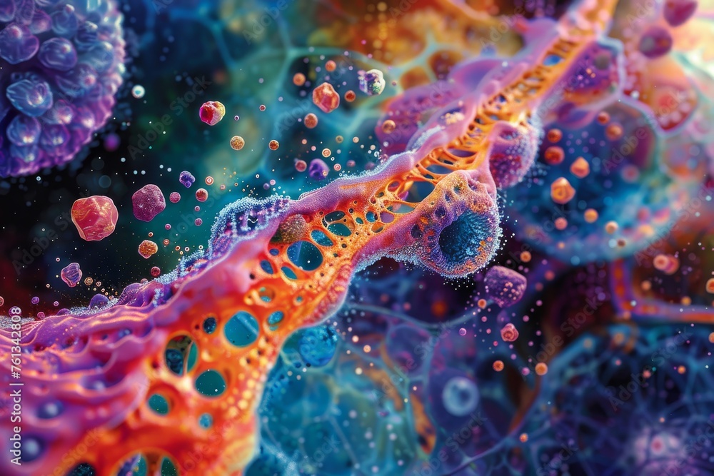 Poster a microscopic view of a vibrant cellular world with dna strands intertwining.