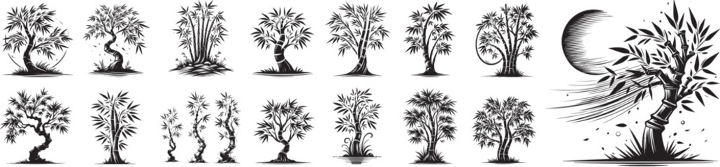 small ornamental fruit trees with abundant leaves and branches black vector laser cutting engraving - obrazy, fototapety, plakaty