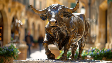 A bronze bull statue in a sunlit European alleyway, symbolizing financial strength and market prosperity. - obrazy, fototapety, plakaty