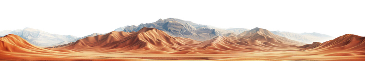 Digital illustration of a vast desert with sand dunes in the foreground and snowy mountains in the back. Isolated. Generative AI - obrazy, fototapety, plakaty