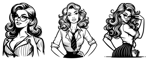 pin-up girls in teacher outfits, scholarly charm, black vector